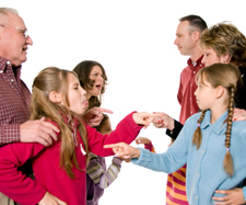 family divided in two are pointing fingers at each other